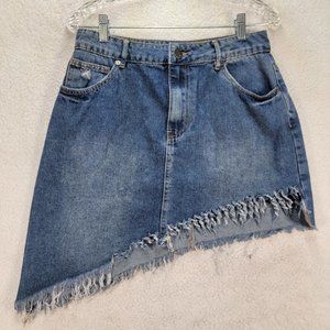 Cotton On Blue Denim Stretch Distressed Sexy Jean Short Asymmetric Mini Skirt